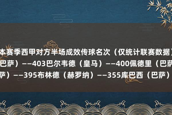 本赛季西甲对方半场成效传球名次（仅统计联赛数据）：伊尼戈-马丁内斯（巴萨）——403巴尔韦德（皇马）——400佩德里（巴萨）——395布林德（赫罗纳）——355库巴西（巴萨）——354    体育赛事直播