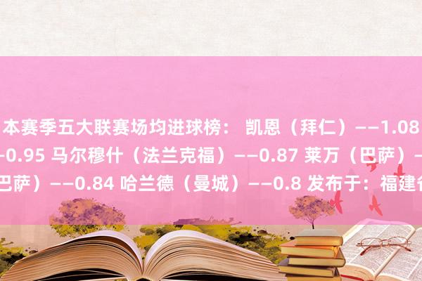 本赛季五大联赛场均进球榜： 凯恩（拜仁）——1.08 萨拉赫（利物浦）——0.95 马尔穆什（法兰克福）——0.87 莱万（巴萨）——0.84 哈兰德（曼城）——0.8 发布于：福建省体育录像/图片